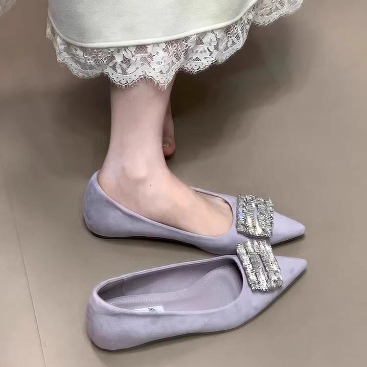 French Beautiful Fashion Inner Height Increase Versatile Evening Shoes Shallow Mouth Rhinestone Square Buckle Ladyshoes Pointed Temperament Commuter