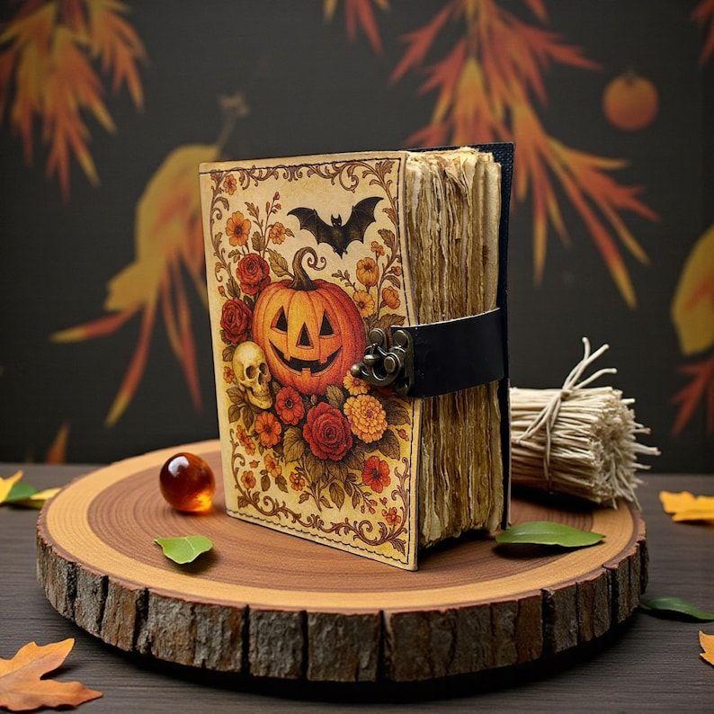 `Handmade Halloween Pumpkin Leather Journal | Floral Witchy Grimoire Notebook | Vintage Notebook with Lock Closure