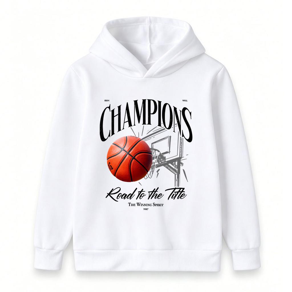 Kids Boys Girls Basketball Champions Print Pullover Hoodie Casual Long Sleeve Road To The Title Graphic Hooded Sweatshirt For Sports Daily Wear