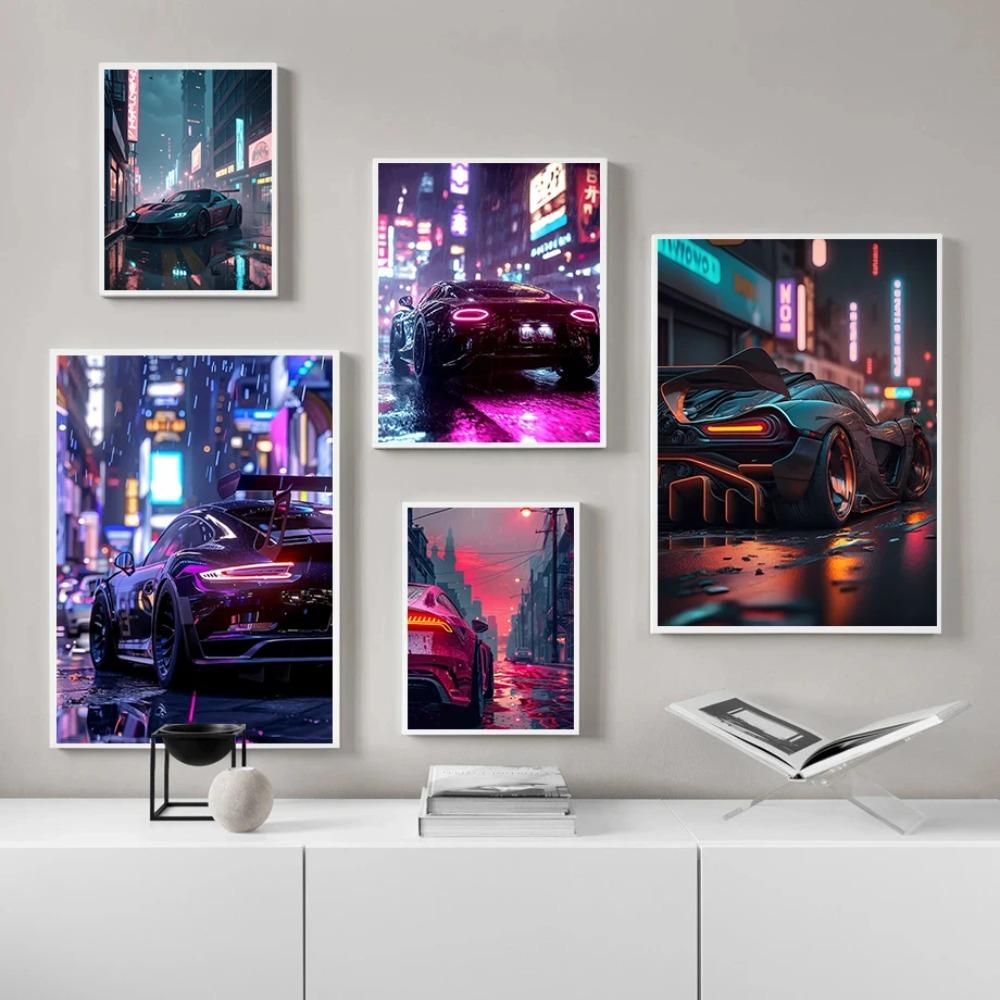 High Tech Super Car Poster Luxury Car LED Sports Races Neon Lit City Prints Canvas Painting Wall Picture Home Man's Room Decor