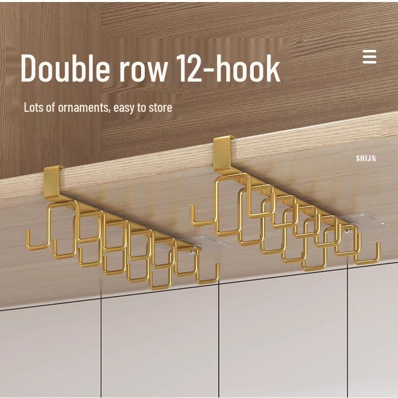 Double Row No-Drill Seamless Cabinet Door Hanging Storage Rack with Hooks