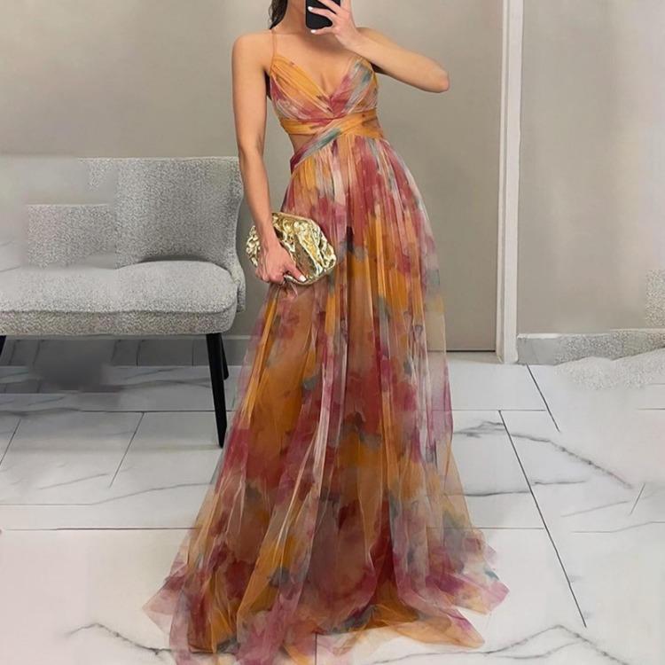 Summer V Neck Casual Party Dress Women Mesh Printed Suspender Holiday Dress