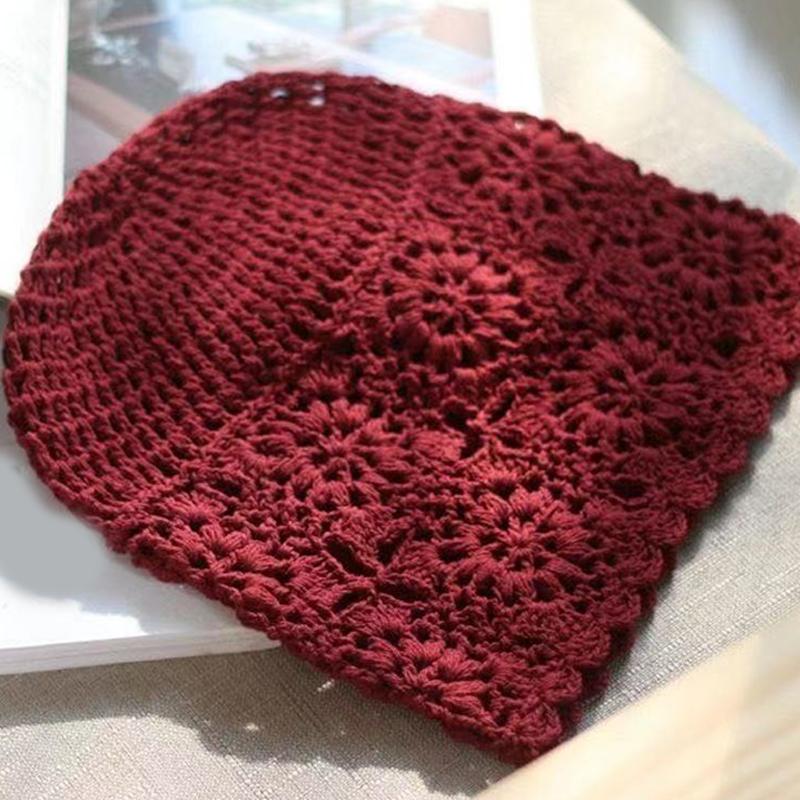 Women'S Solid Color Crochet Hollow Knitted Hat Summer  Vintage Beanie