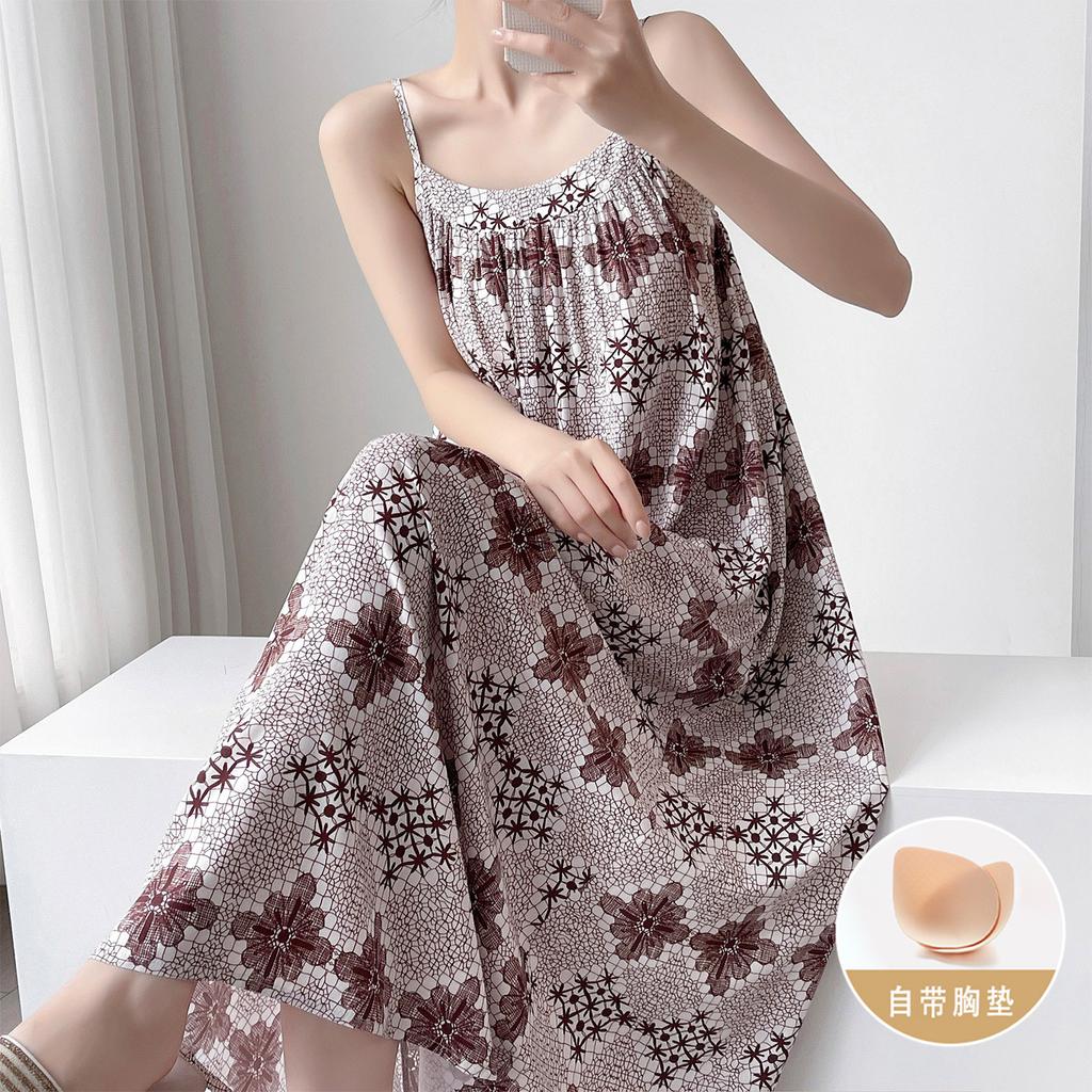 Summer cotton and silk suspender nightgown women's sleeveless chest pad can be worn outside loungewear anti-bumping artificial cotton dress
