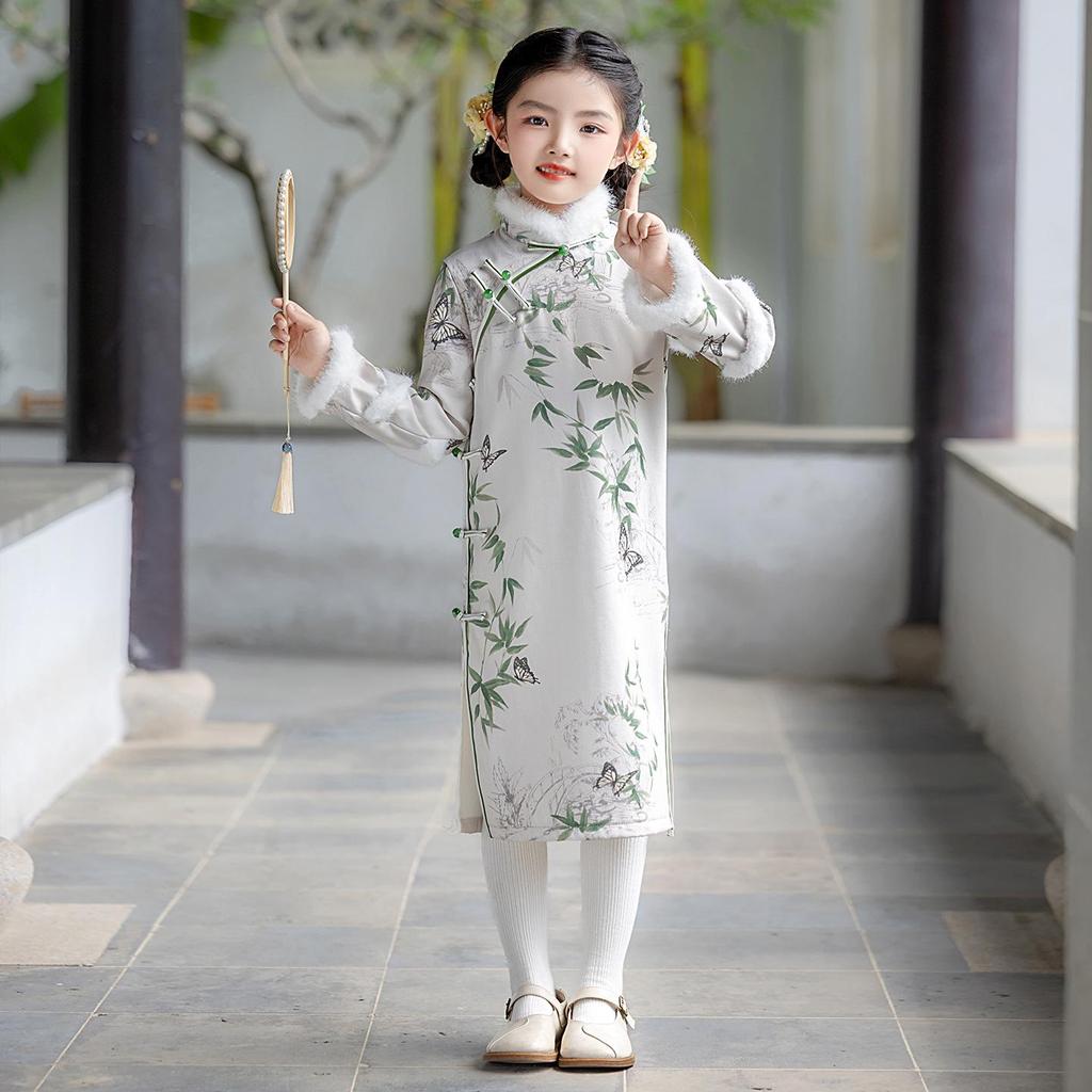 2025 New Girls' Winter Qipao: Long Sleeve Princess Dress for Big Kids - Autumn/Winter Chinese Style