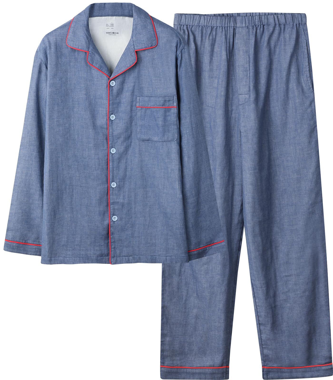 

Bellislove Свободная пижама с длинным рукавом, Идеально для и Идеально для больницы или ночной одежды, Мужская пижама, 100% хлопок, Двухслойная марля, Застежка спереди, Посадка,