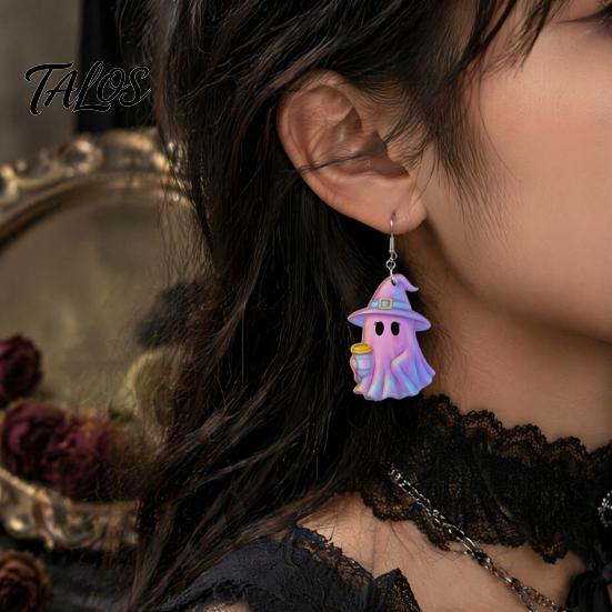 Burr-free Smooth Earrings 1 Pair Acrylic Halloween Earrings, Cute Pink Ghost Dangle Curved Hook Drop Holiday Costume Jewelry for Women Bow Detail