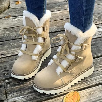 Women's Plush Lined Snow Boots, Solid Color Lace Up Outdoor Non Slip Boots, Winter Warm Outdoor Boots