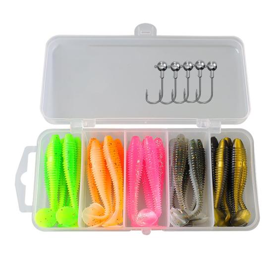 31Pcs/Box 5.5/6.5/7.5CM Soft Fishing Lure Hooks T-shaped 5 Jig Head Kit with Paddle Tail Colorful