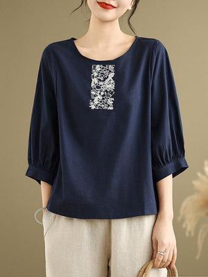 Übergröße Damen Baumwoll-Leinen Besticktes Kurzarm Retro Top - Lockerer, Lässiger Stil