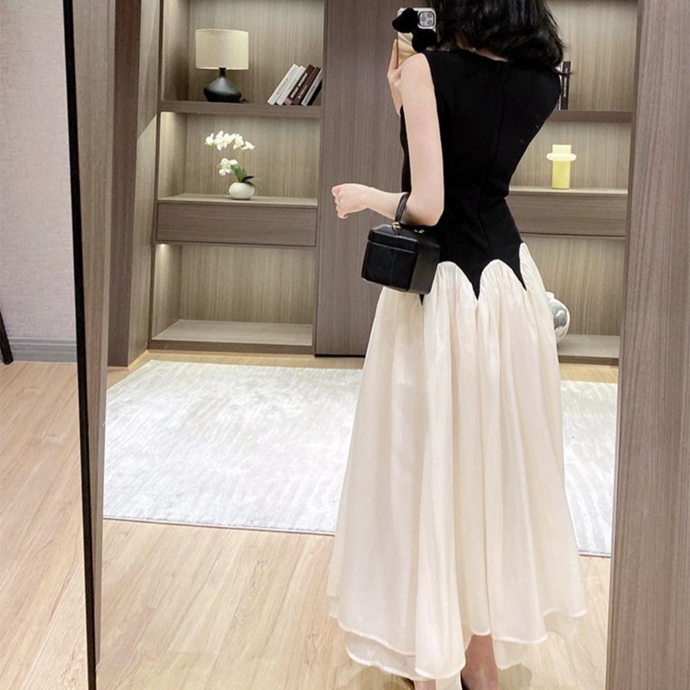 Elegant Ladies Round Neck Sleeveless Long Dress Chic Design Patchwork Color Formal Occasion Women Summer Dress