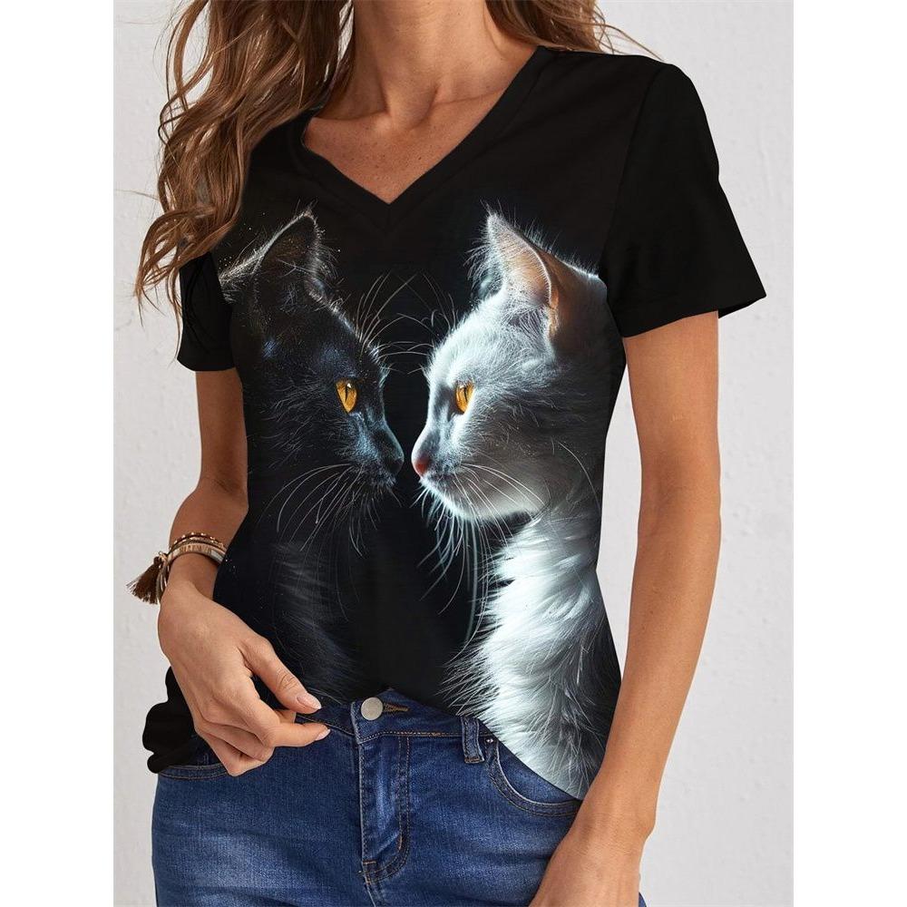 Summer Cute Kitten T-Shirts Cat 3D Print Women's Casual Top Short Sleeve V-Neck T Shirt Y2k Harajuku Tees Female Street Clothing