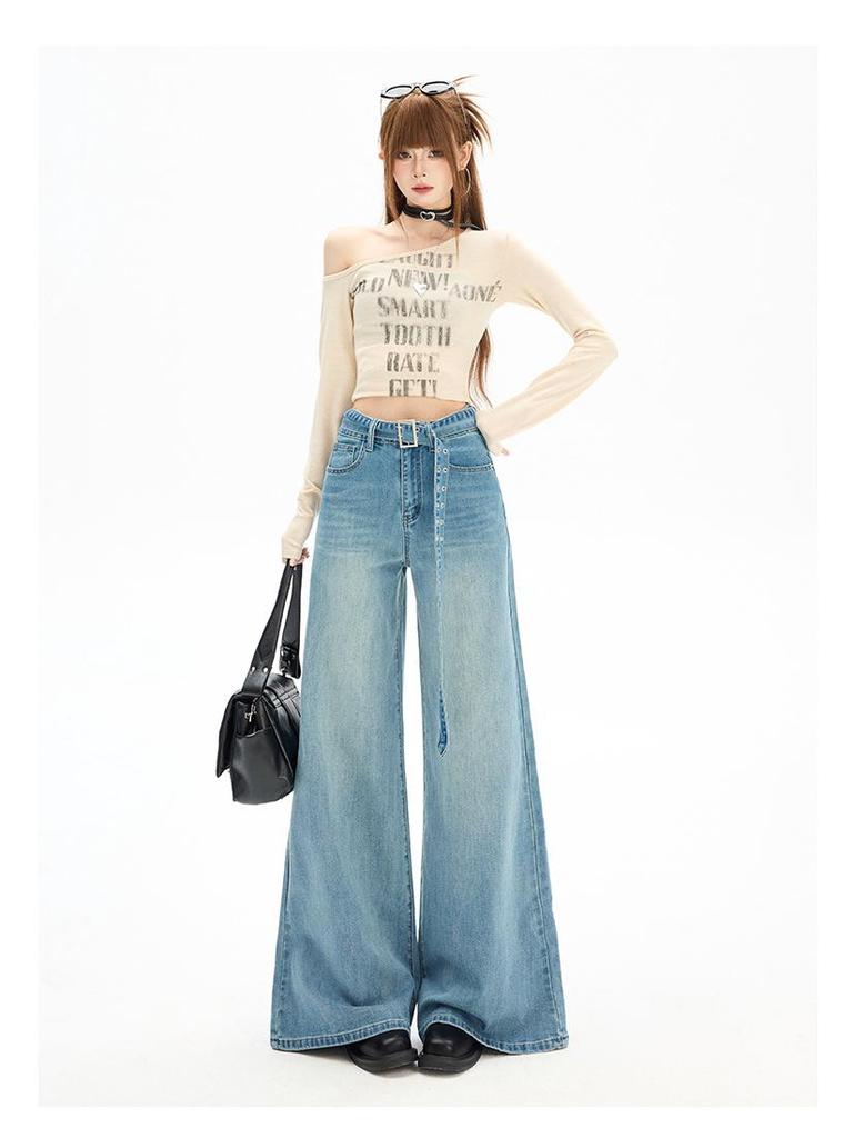 Women's High-Waisted Retro Wide-Leg Jeans, Spring/Autumn Style, Elastic, Loose Fit