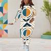 Women Plus Size Navy Blue Gold White Abstract Printed Round Neck Long Sleeve Top Fitted Pants Two Piece Set