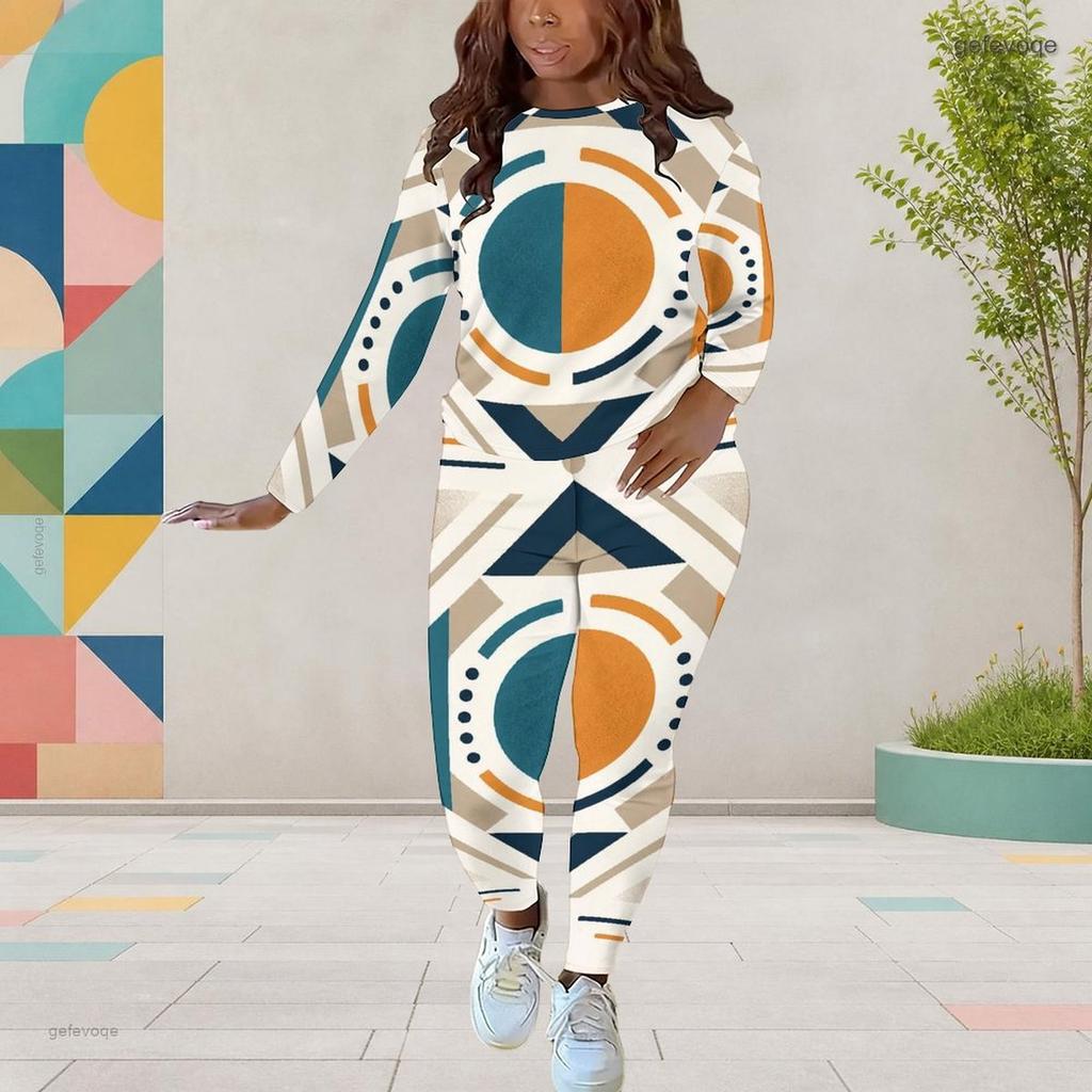 Women Plus Size Navy Blue Gold White Abstract Printed Round Neck Long Sleeve Top Fitted Pants Two Piece Set