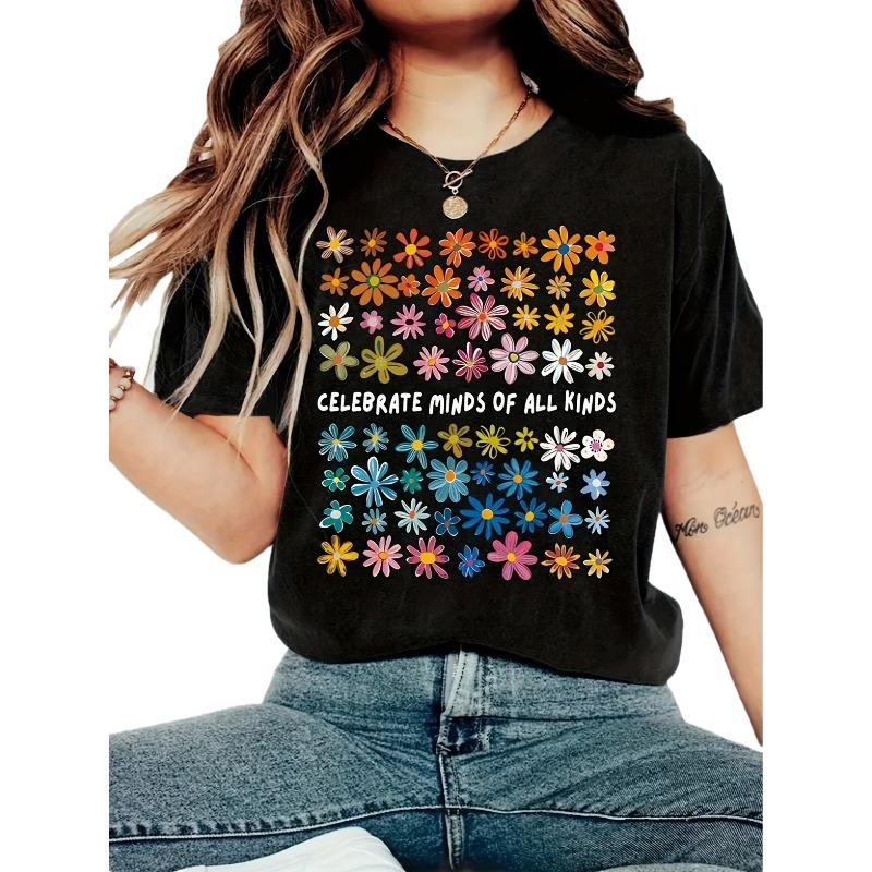 

Women S Printed T-Shirt | Colorful Floral Pattern on Black Background, Soft Stretchy Fabric, Crew Neck, Short Sleeve, S чёрный