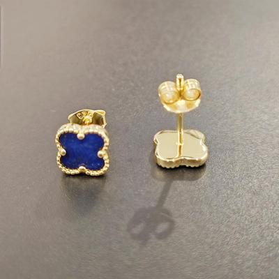 14K Gold Plated 7mm Natural Lazurite Earrings 925 Sterling Silver Four Leaf Flower Stud Earring