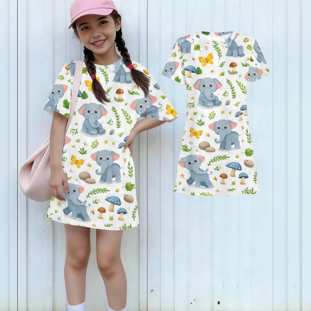 Girls Print Casual Dress Kids Loose Round Neck Short Sleeve Thin Sundress