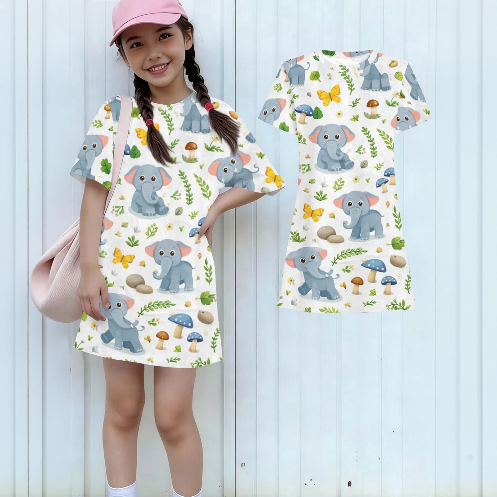 

Girls Print Casual Dress Kids Loose Round Neck Short Sleeve Thin Sundress 100 бежевый