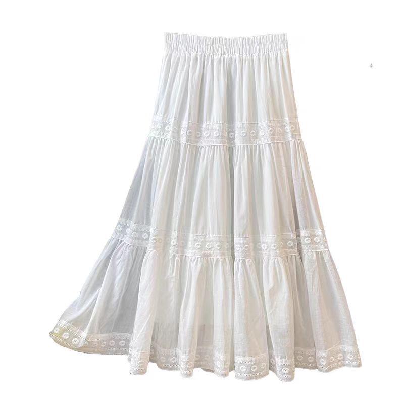 Women's French Lace Trim A-Line Midi Skirt - High Waist, Loose, Fluffy and Trendy for Summer
