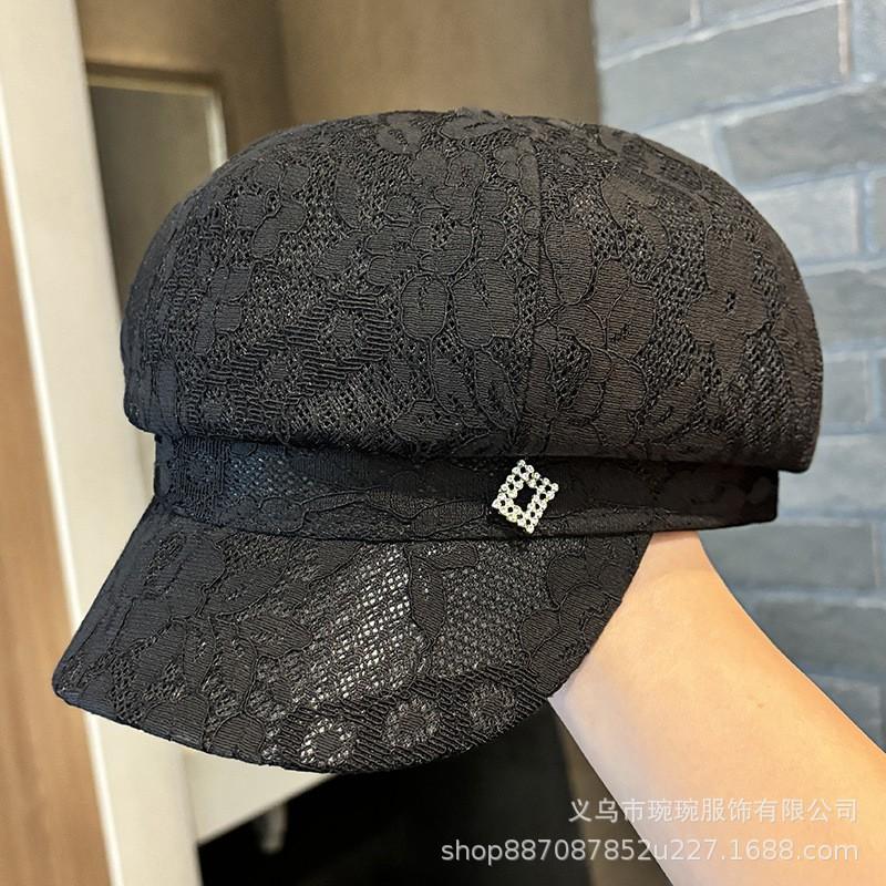 Lace Embellished Octagon Sun Hat Women - Breathable Wide Brim UV Protection Cap Foldable Fashion Beret