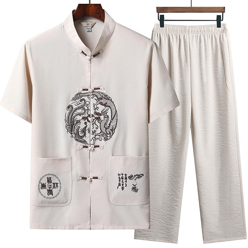 Middle-aged and Elderly Summer Thin Cotton and Linen Tang Suit Men's Suit Short-sleeved T-shirt Chinese Style Embroidered Shirt