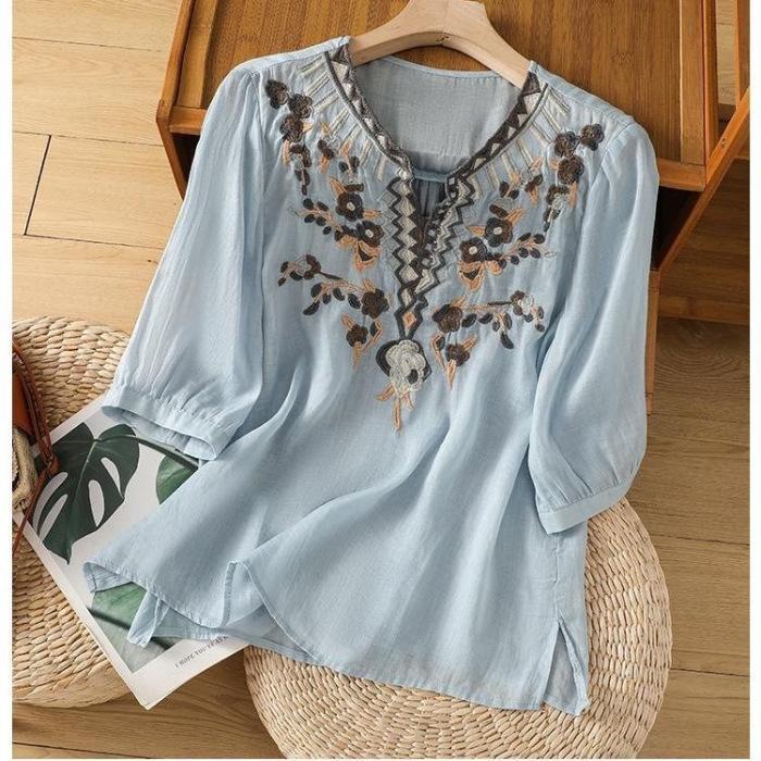 Women's Summer Vintage Heavy Embroidery Cotton-Linen Blend Shirt Casual Pullover Loose-Fit Literary-Style Top