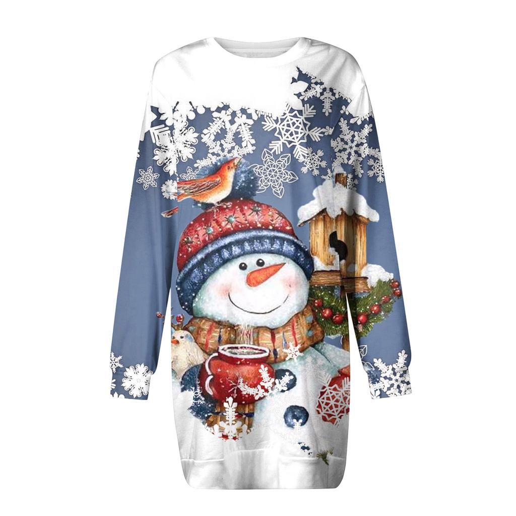 Long Sleeve Dress For Women Casual Christmas Printed Pullover Hip Pack Dress Sweater Dress