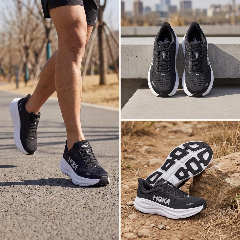 HOKA One One Bondi 9 Low Top Casual Running Shoes Men's Black Wide Fit 1162013-BWHT