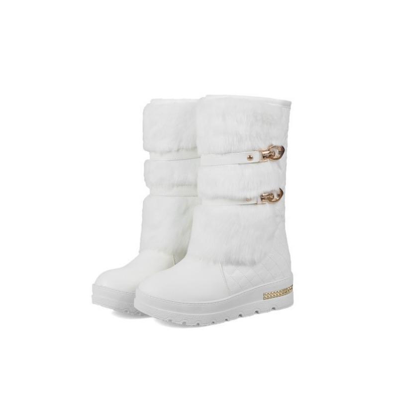 Waterproof Winter Shoes Women Platform Snow Boots Warm Fur Plush Casual Wedge Mid-Calf Boots Girls Black White Shoes Ladies33-43