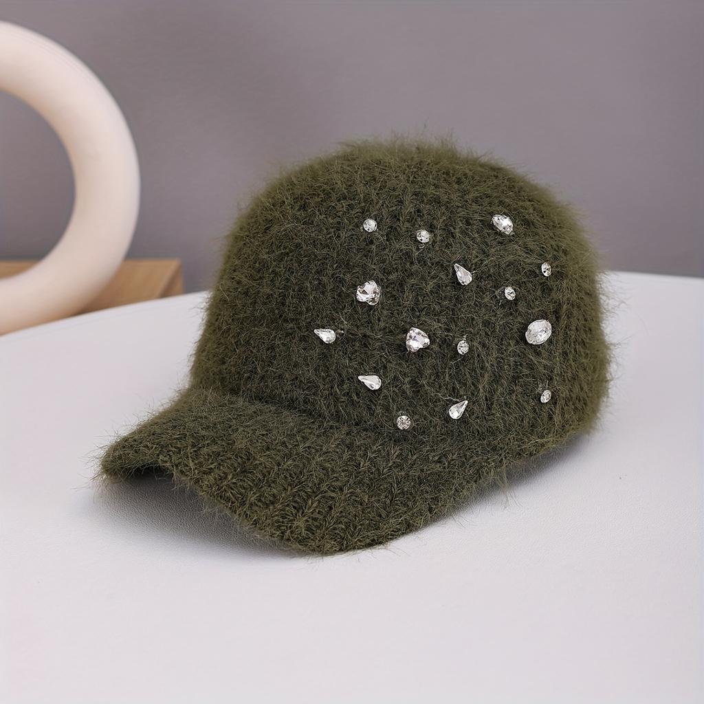 Women's Luxury Furry Hat with Artificial Jade Long Plush Yarn & Rhinestone-Adorned Wide Brim, Adjustable Non-Stretch Fit, Hand Washable Winter Cap
