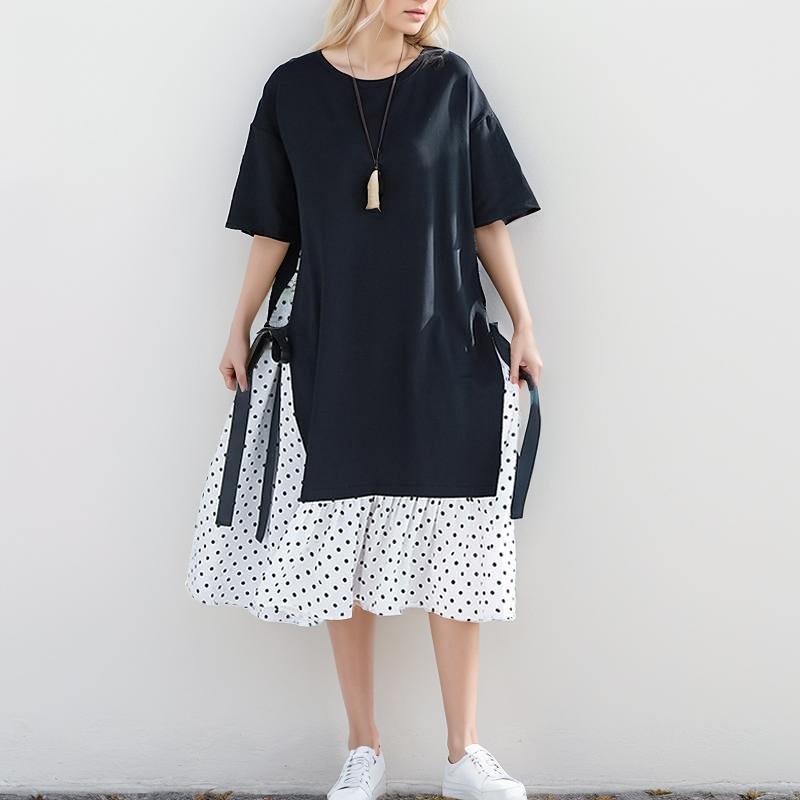 Vestido de Verano para Mujer Tallas Grandes DIMANAF Vestido de Sol Estampado de Moda Puntos Algodón Dama Femenina Empalmado Negro Holgado Vestido de Playa 2024