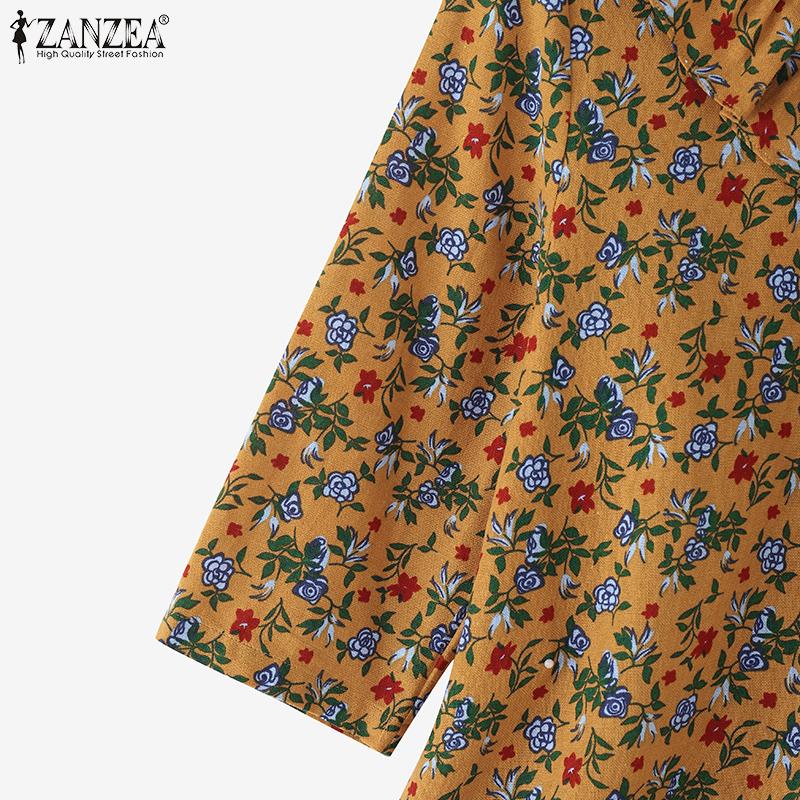 ZANZEA Women Casual V-Neck 3/4 Sleeve Loose Floral Print Blouse