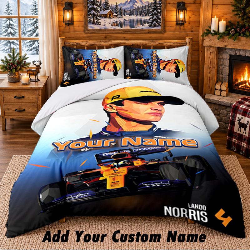 Lando Norris Muster Bettwäsche 3-teiliges Set Individueller Name, Bettlaken und Kissenbezüge für Zuhause Schlafzimmer