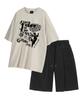 MOZMOZ [Set] Dancing Cat Pigment Short Sleeve + Pigment Wide Single-Pleat Shorts Set-Up
