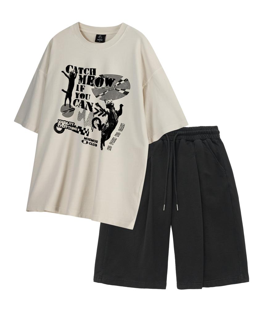 MOZMOZ [Set] Dancing Cat Pigment Short Sleeve + Pigment Wide Single-Pleat Shorts Set-Up