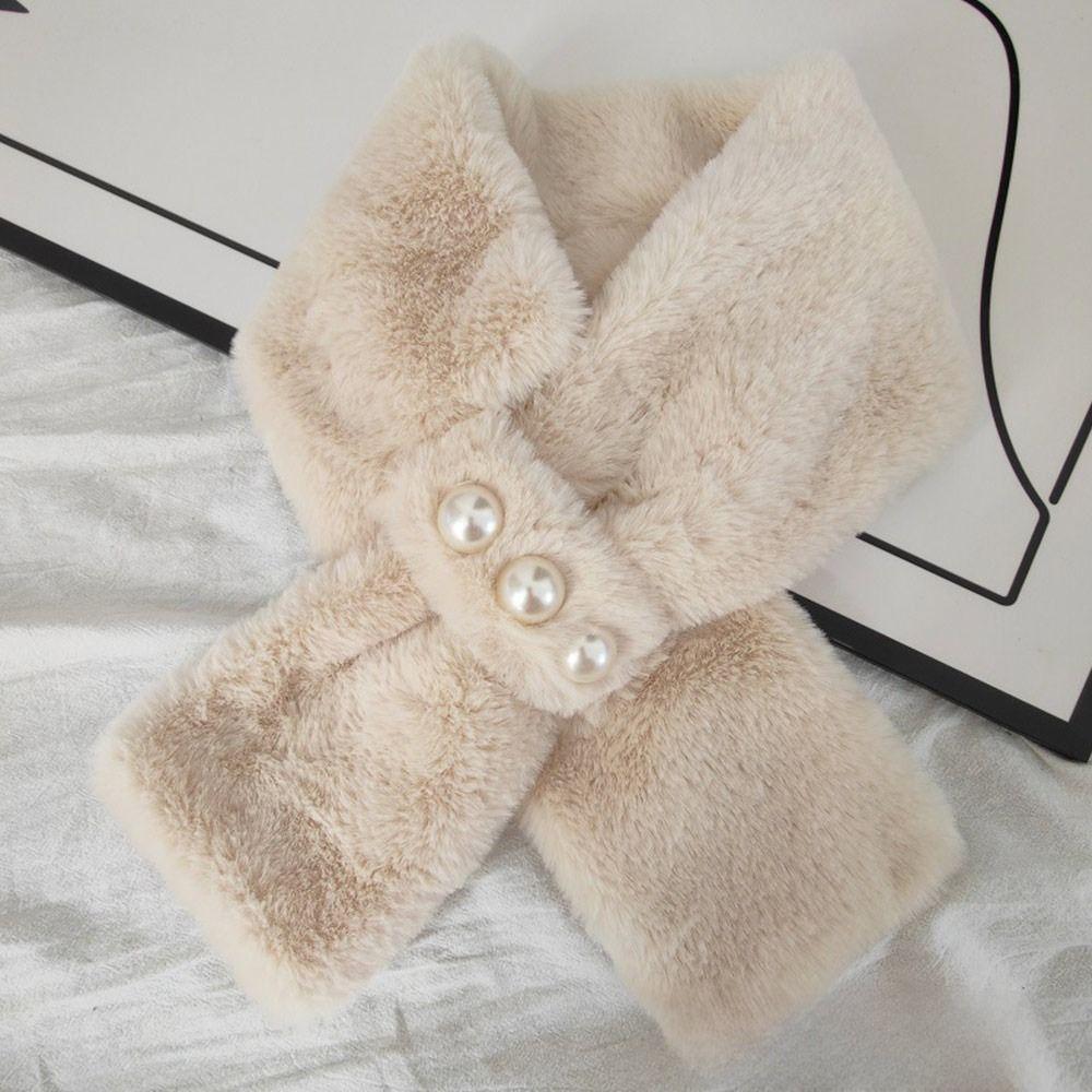 Elegant Solid Color Plush Cross Scarf Imitation Pearl Winter Warmer Neck Scarf Comfortable Neck Warmer Evening
