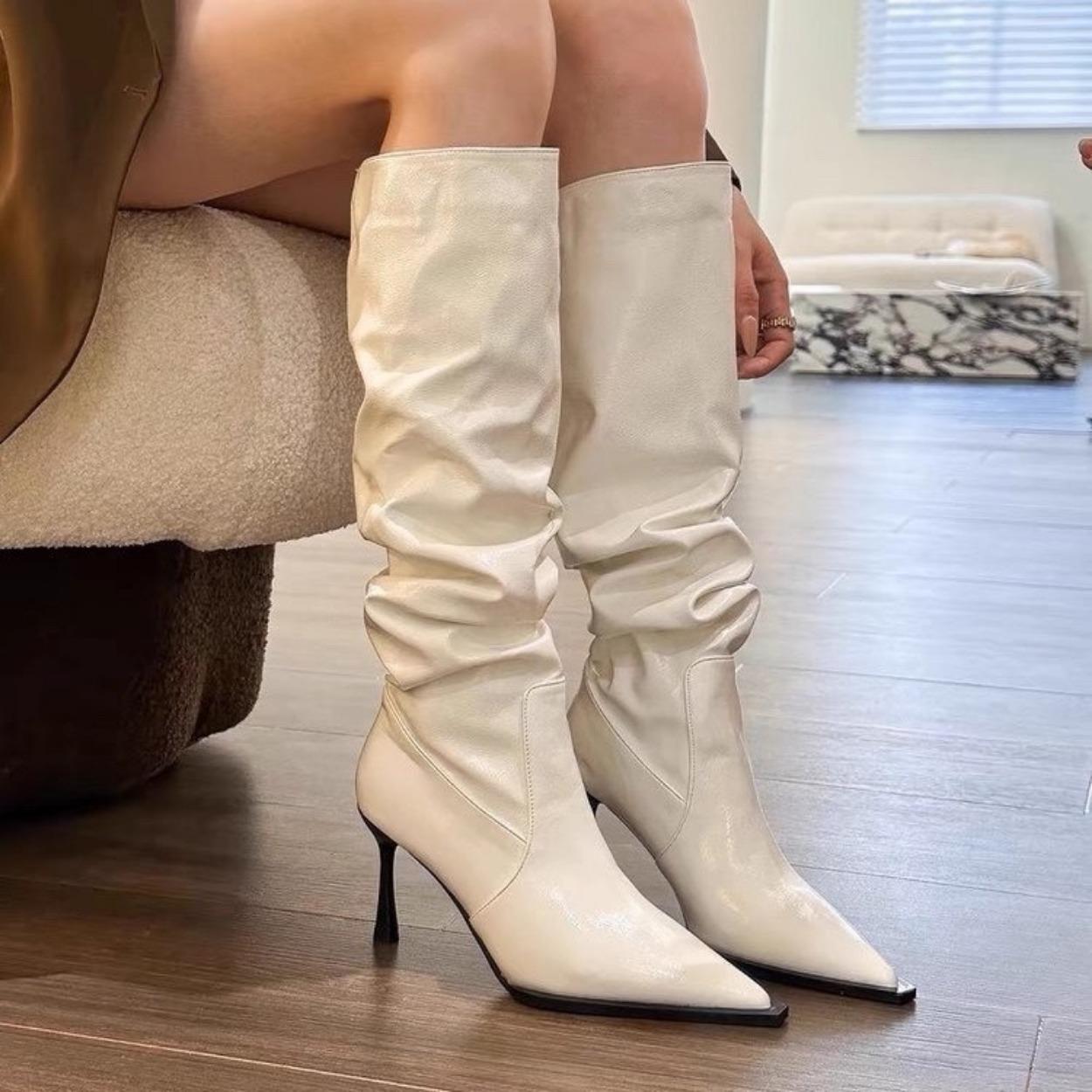 

Wide boots, new big tube circumference women s boots, pointed toes, thin heels, stacked boots, large size over-the-knee boots. 35 белый