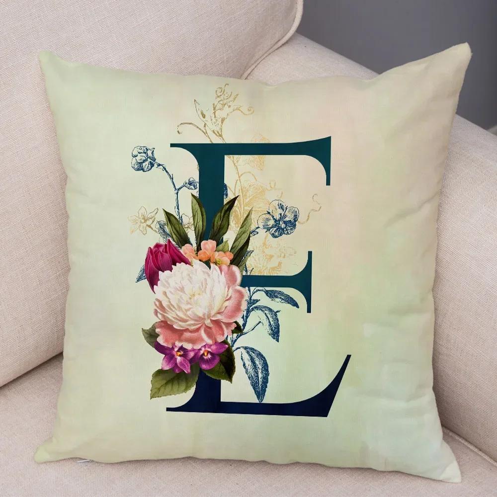 English Flower Beige Letter Print Pillow Case for Sofa Home Decor Floral A-Z Cushion Cover Soft Short Plush Pillowcase 45x45cm