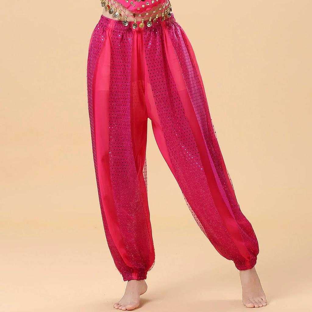 Pantalon d'exercice de performance de danse indienne Danse ethnique Adulte Danse du ventre Mousseline Vêtements d'entraînement Pantalon de mise en valeur Taille élastique