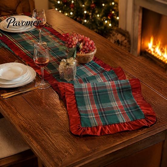 Holiday Home Table Linens Retro Plaid Christmas Runner, Red Ruffled Trim Decorative Mat, Classic British Style Flag & Green Mat for Dining,