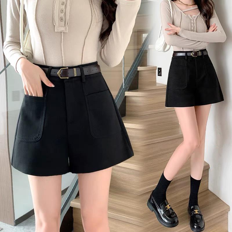 

Женские шерстяные шорты с высокой талией и карманами - Осенне-зимние свободные А-силуэта, подчеркивающие ягодицы L