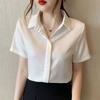 WTEMPO Women Satin Short Sleeve Shirt Elegant Lapel V Neck Blouse Smooth Office Commuter Solid Color Casual Work Top