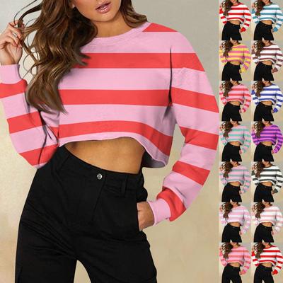 Women's Fashion Casual Round Neck Loose Long Sleeve Striped Printed Short Sweatshirt
