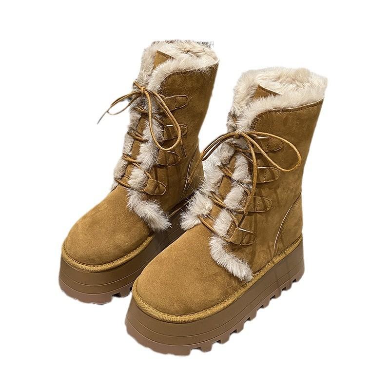 Fashion Thick-soled Lace-up Versatile Tall Plush Snow Boots Women's Winter Warm and Heightening Snow Boots Cotton