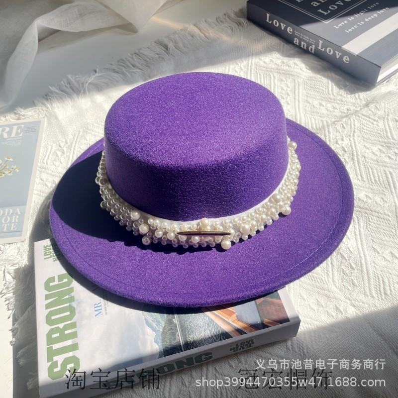White Pearl Flat Top Woolen Top Hat Female Autumn and Winter British Retro Socialite Elegant French Wide Brim