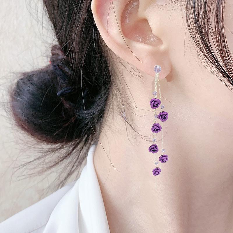 Korean Style Red Rose Tassel Earrings - Super Fairy Face Slimming Dangle with S925 Sterling Silver Studs.