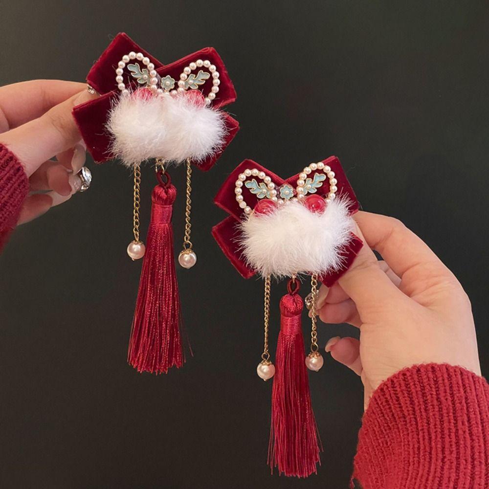 Cloth Red Velvet Bow Hairpin Plush Chinese New Year Headwear All-match Ancient Style Hairpin  Baby