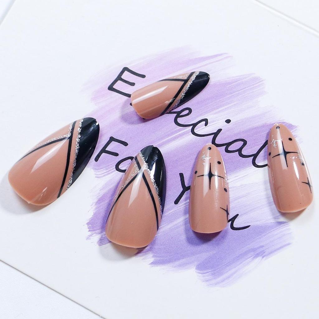 Glittering Starry Sky Wearable Nails: 24-Piece Almond Shape with Line Nail Art Stickers for French Manicure