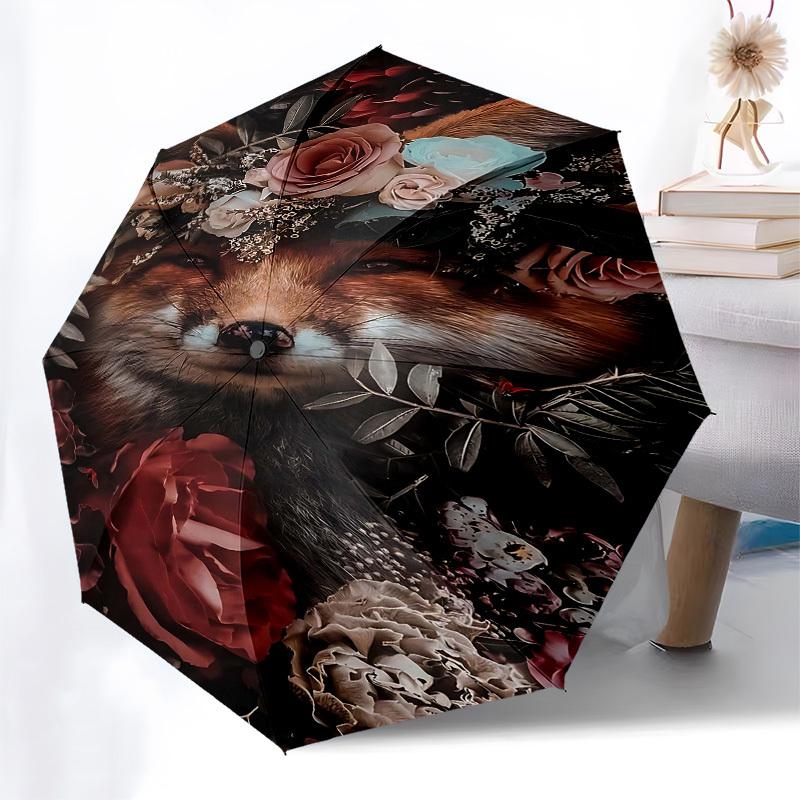 1pc Fox FlowersOpen/Close Umbrella-Windproof, Compact Travel Umbrella, Sturdy 8-Rib Shaft, Outdoor Accessory, 1063